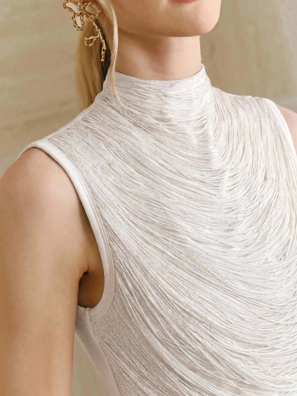 White Casual Women's Sleeveless High Neck Fringe Patchwork Top Vest